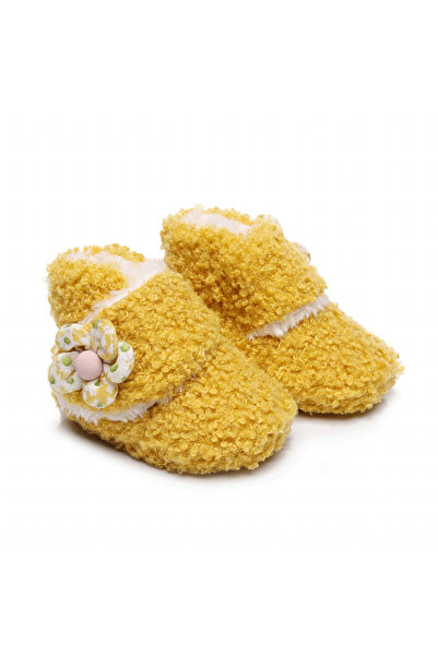 Superbaby Mustard yellow fur booties for girls with flowers, for their first ...