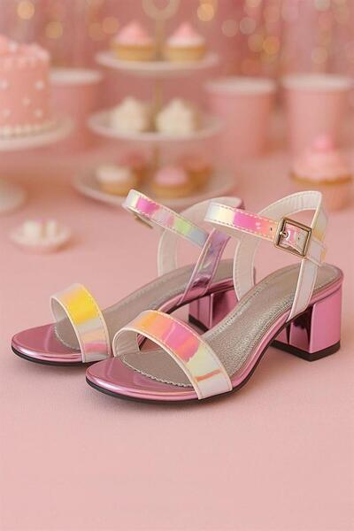 hapshoe Pony Hologram Pembe-Sarı Kalın Topuklu Kız Çocuk Abiye Ayakkabı