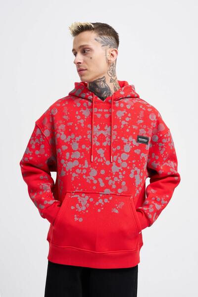 Machinist Erkek Splash Printed Kırmızı Hoodie