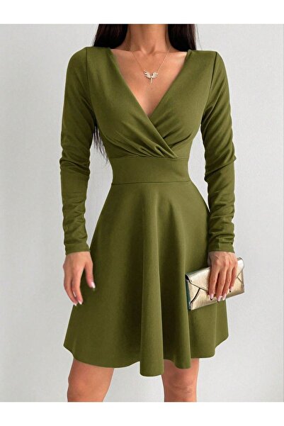 sharin فستان نسائي أخضر بياقة مزدوجة الصدر من قماش الكريب وأكمام طويلة 4F-2198