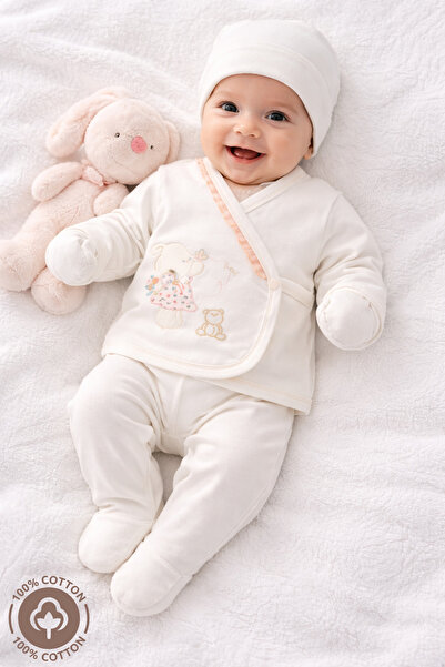 Miniel Kız Bebek Çiçekli Tavşan Nakışlı 5'li Organik Hastane Çıkışı Zıbın Set...