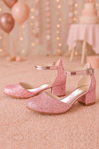 hapshoe Merida Shiny Pink Thick Heeled Stone Girls' Heeled Shoes