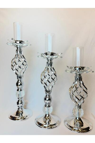 MİSALON KRİSTAL DETAYLI BURGU METAL ŞAMDAN - 3'LÜ SET