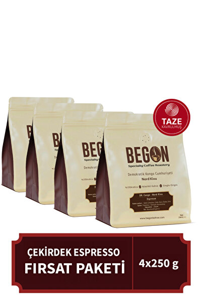 BEGON Nord Kivu Premium Espresso (ÇEKİRDEK) Kahve Fırsat Paketi 250g x 4 Adet