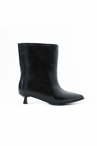 Eataly Shoes Siyah Cilt Deri Kadın Kısa Topuk Botie