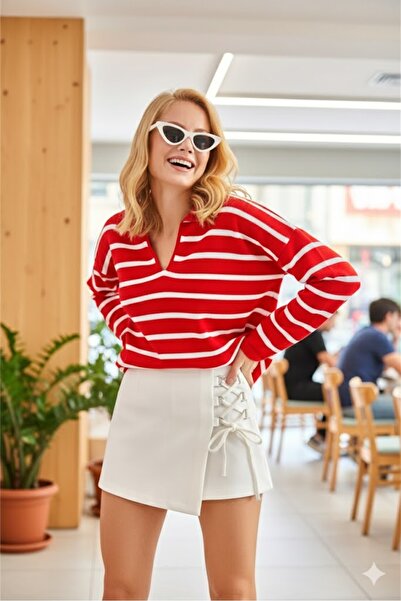 BLUSS Women's Red and White Striped Polo Neck Knitwear Sweater Slim Knit Long...
