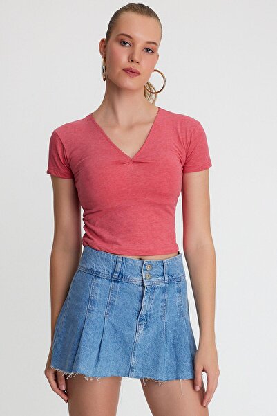 Polo State Tricou de bază cu decolteu în V pentru damă, floare de rodie