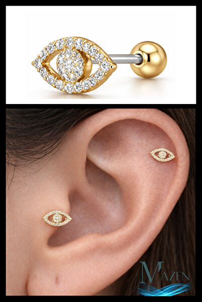 MAZEN Nazar Eye Mini Tragus Helix Piercing | Taşlı Göz Model | Gold Renk Çeli...