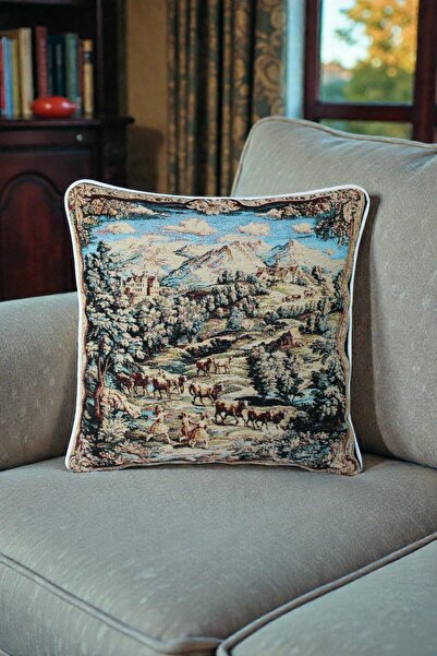 VISIONARIO Kırlent Kılıfı Goblen Dokuma - Dekoratif Çift Taraflı Biyeli 45x45 cm