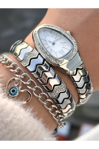 Bonicce ساعة ثعبان بسوار فضي من الفضة الصلبة من السميكة إلى الرقيقة، مينا بيض...