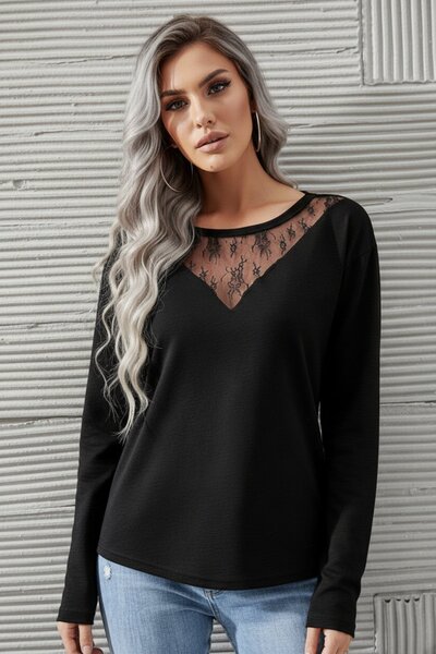 Mossta Crew Neck Lace Viscose Two Thread Blouse - Black