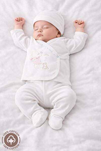 Miniel Kız Bebek Çiçekli Tavşan Nakışlı 5'li Organik Hastane Çıkışı Zıbın Set...