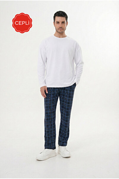 Pijamasoft طقم بيجامة رجالي من القطن المحبوك بأكمام طويلة وجيوب باللون الأبيض...