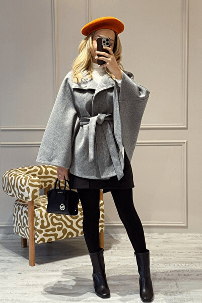 BeeYouStudio Kadın Kemerli Kaşe Panço Gri/Antrasit