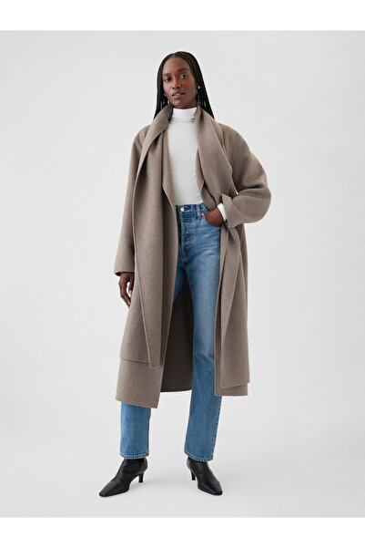 GAP Kadın Kahverengi Kemerli Çift Yüzlü Yün Şal Ceket