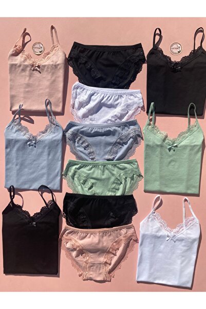 LEYNA BUTİK Kadın 6’lı Pamuklu Dantelli İp Askılı Atlet ve Külot Takımı – Pud...