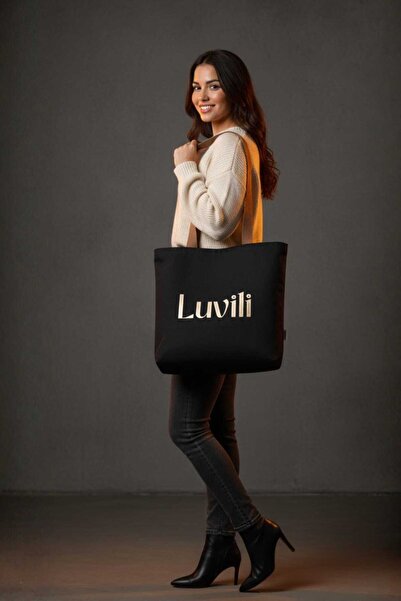 Luvili Siyah Baskılı %100 Organik Pamuk Gabardin Körüklü Kanvas Bez Çanta - 3...