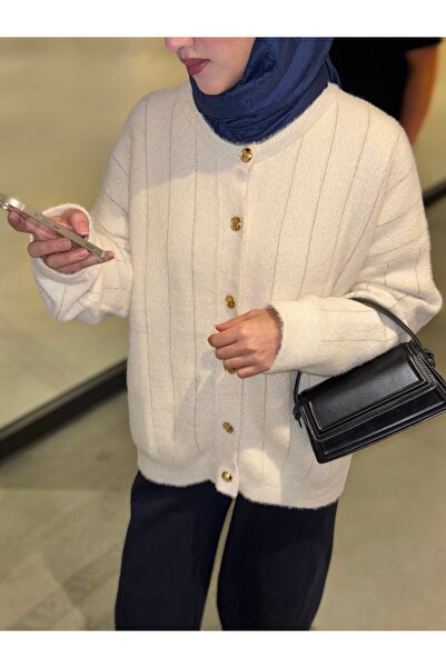 RAŞEL DESİGN Krem Gold Düğme Detaylı Simli Hırka