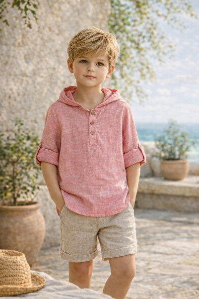 NANİCA Red Red Boy's Long Sleeve Hooded Shirt 1-5 Years Old