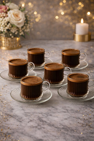 YzHome 6 Kişilik 12 Parça Cam Çizgili Pinterest Kahve Fincan Takımı Seti 90ml