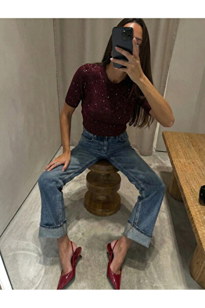 Qoolest Kadın Yünlü Bordo Bisiklet Yaka Kısa Kollu Payet İşlemeli Işıltılı Şı...