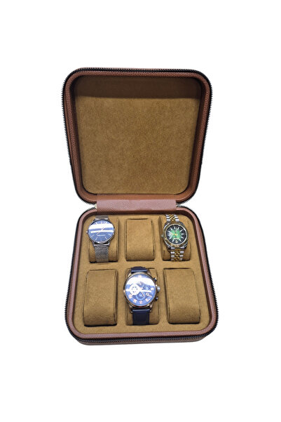 Moda fiesta Deri 6 Lı  Saat Çantası Kutusu Fermuarlı Ahşap Kasalı (Taba)