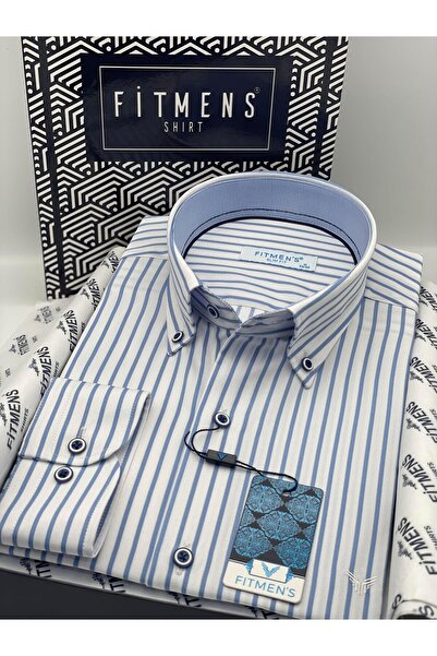 Fitmens قصة ضيقة قميص رجالي بأكمام طويلة وياقة مخططة سميكة فاخرة مع أزرار وعل...