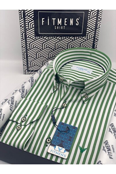 Fitmens قميص رجالي بقصة ضيقة وأكمام طويلة من الليكرا وياقة مخططة وأزرار مع عل...