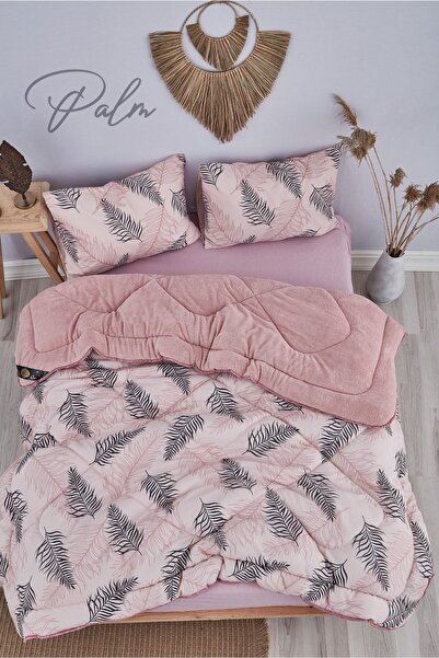 MARLA HOME Palm Pink Patterned - Double Sided Welsoft Quilt Set, Blanket Fluf...