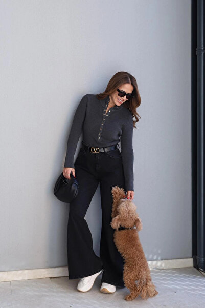 Purple by Banu بنطلون جينز أنثراسايت واسع الساق