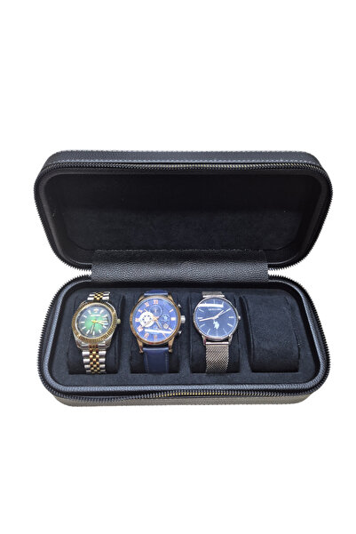 Moda fiesta Deri 4 Lü Saat Çantası Kutusu Fermuarlı Ahşap Kasalı (Siyah)
