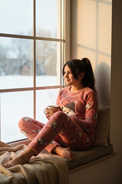 ROMEO LİFE Set de pijamale calde de iarnă din țesătură de pluș din lână cu mâ...