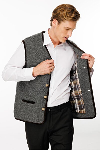 Desen Triko سترة صوفية رجالية بلون دخاني - رقبة على شكل حرف V وبطانة منقوشة