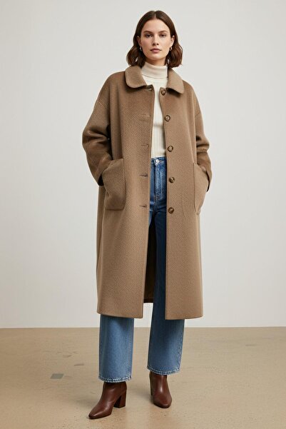 Puane Women's Fox Coat with Button and Pocket Detail - 15220Kbn - Dark Camel