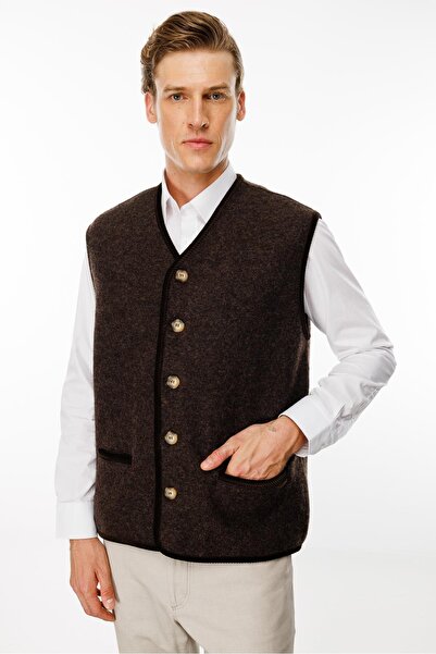 Desen Triko Erkek V Yaka Astarı Desenli Yün Yelek Kahve
