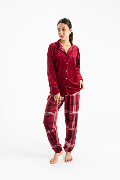 Ecrou Women's Burgundy Plaid Peter Pan collar Velvet 2-Piece Set 7100
