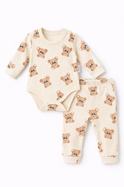 Superbaby Costum Bebelusi cu Ursuleti – Set 2 Piese din Bumbac Rib pentru Con...