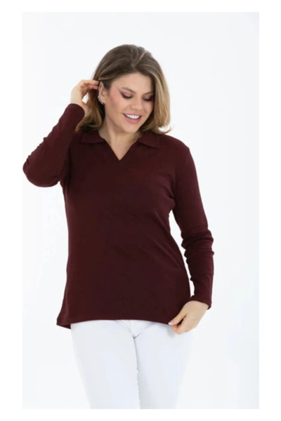 BANEGA Plus Size Curve V-Neck Lycra Cotton Long Sleeve Claret Red Blouse