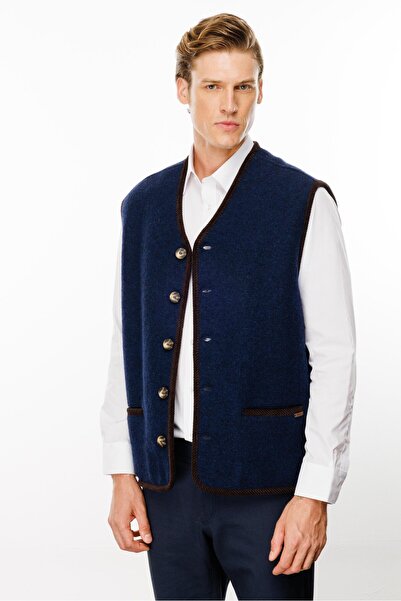 Desen Triko Navy Blue Men's Wool Vest - V-Neck, Patterned Lining