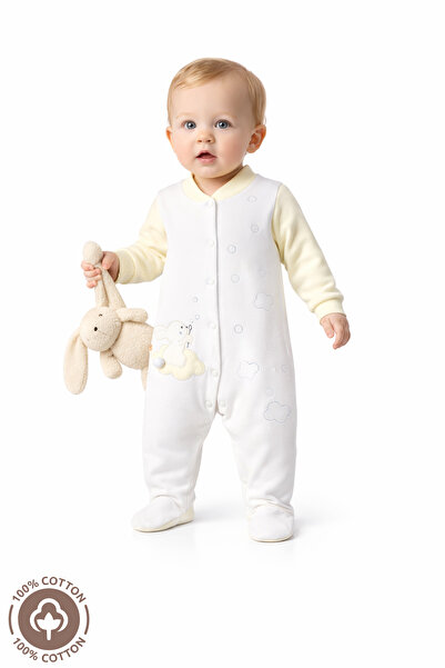 Miniel Unisex Bebek Bulutlu Tavşan Nakışlı 3-6-9 Ay Penye Organik Pamuklu Pat...