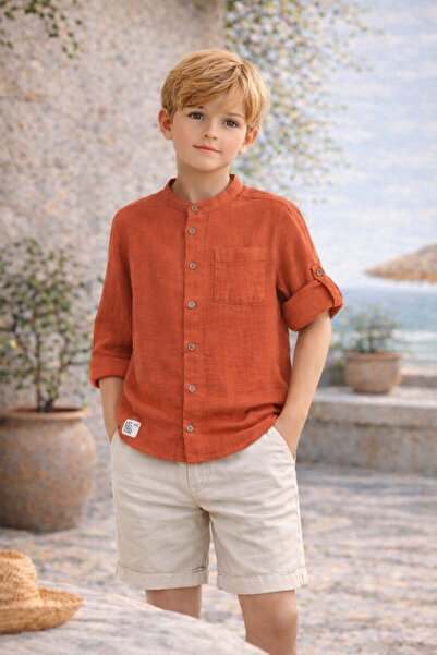 NANİCA قميص رجالي بأكمام طويلة وياقة حكم من Kiremit للأعمار من 6 إلى 16 عامًا