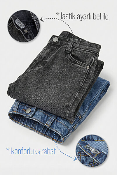 Dmb Beli Lastikli Baggy Kalıp Kız - Erkek Unisex Jean 2 'li Seri