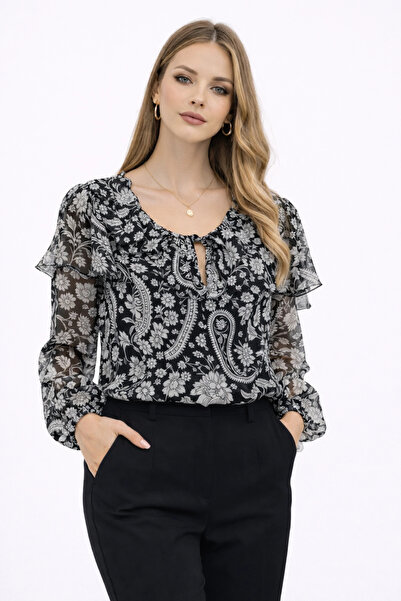 PROTO SUIT Bluză neagră cu mâneci cu balon, căptușită, cu model floral