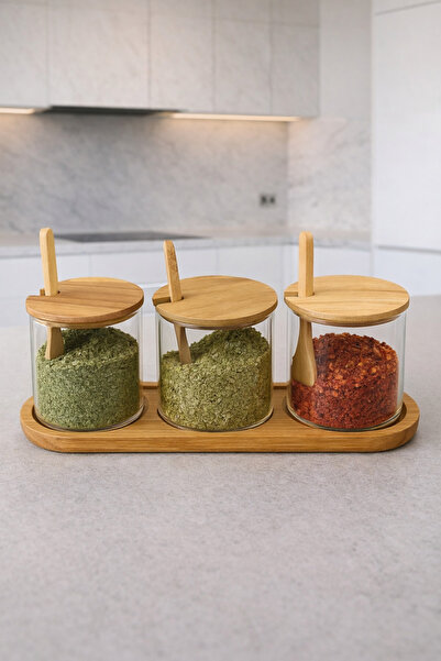 YzHome Akasya 3 Lü Kaşıklı Standlı Baharatlık Seti Saklama Kavanozu