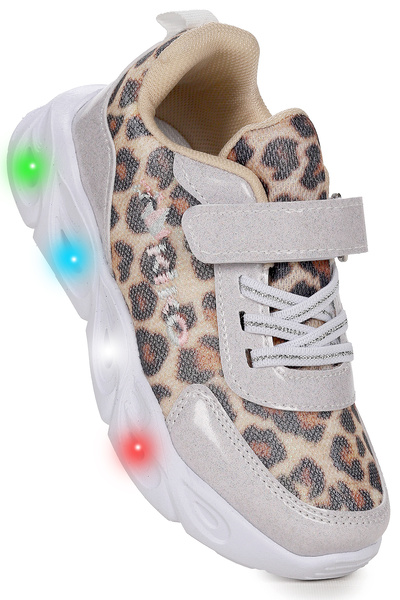 Kiko Kids Teno Leopard Patterned Velcro Lighted Girls' Sports Shoes