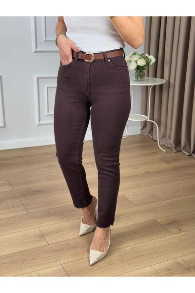 Coşkun GİYİM Women's Raw Hem Mom Fit Jeans Brown 764-78
