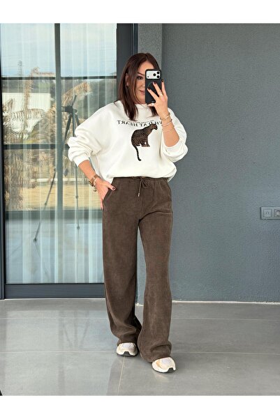 X-Young Beli Bağcıklı Fitilli Kadife Pantolon KOYU KAHVE