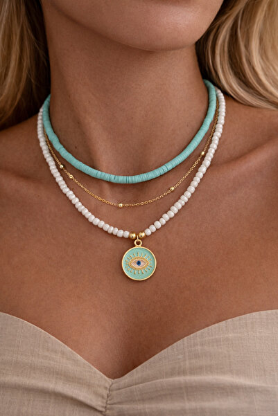 HERCY طقم قلادة صيفي مكون من 3 قطع - طقم قلادة فيمو وعين