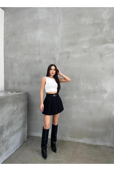 Elaxi Διπλό υφασμάτινο πλισέ σορτς με επένδυση και ζώνη, μαύρη μίνι φούστα