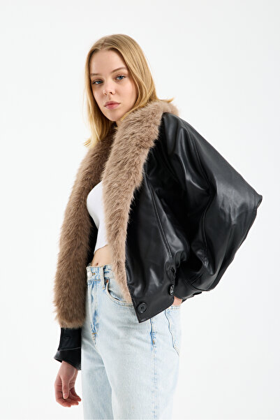 Modazeyosh Kadın Kürk Yaka Deri Ceket